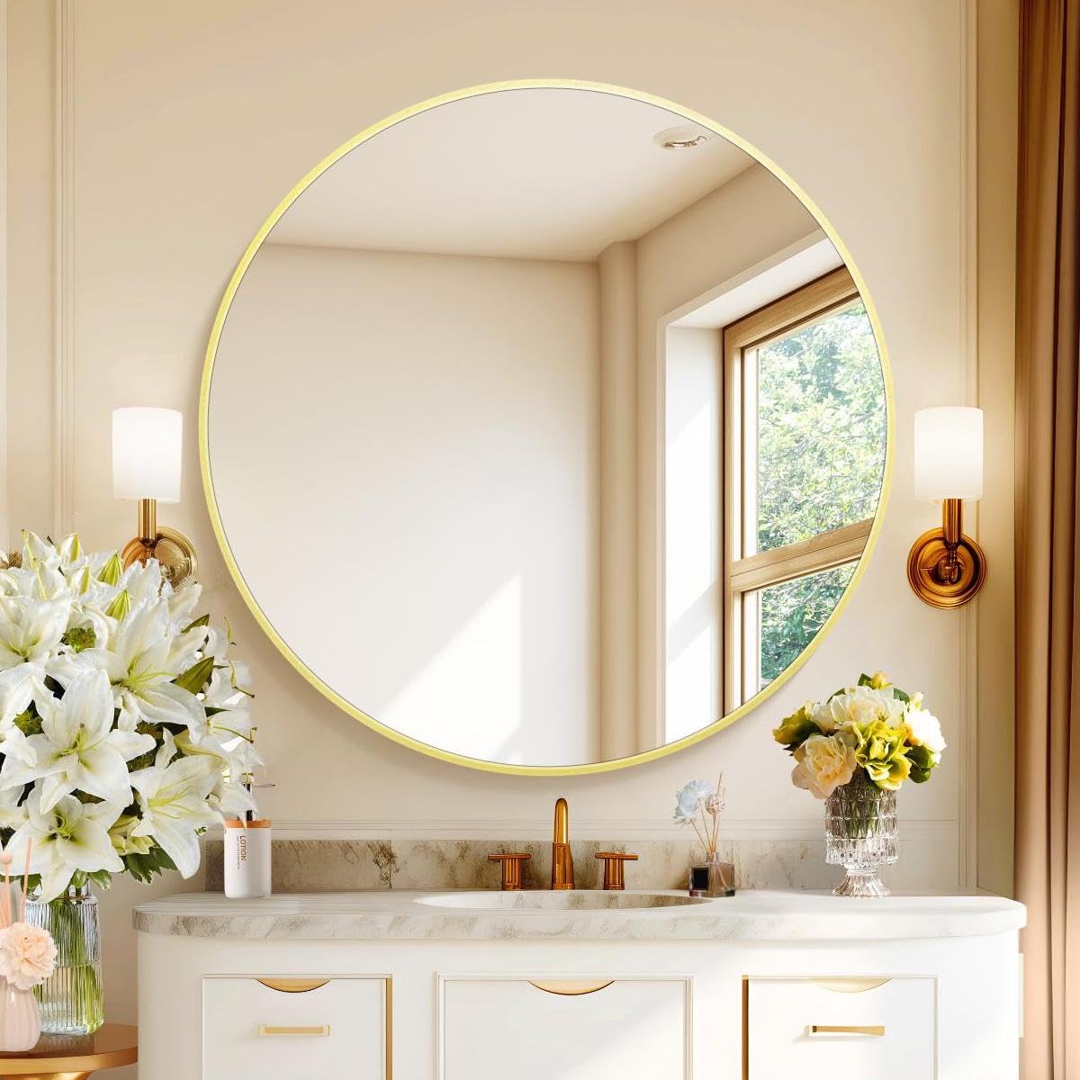 CIVENO 39" Gold Round Mirror Large Circle Mirror Metal Frame Round Bathroom Mirrors Big Circular Mirrors Circle Mirrors for Wall Entryway Bedroom Living Room