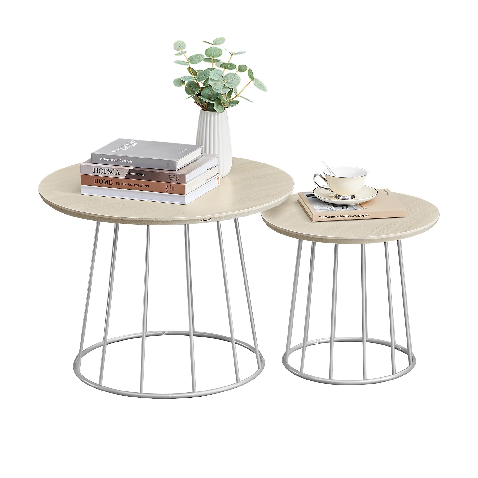 VASAGLE Round Coffee Tables Set of 2 Modern Circle Side Tables with Steel Frame for Living Room Bedroom Natural Beige ULCT045K67
