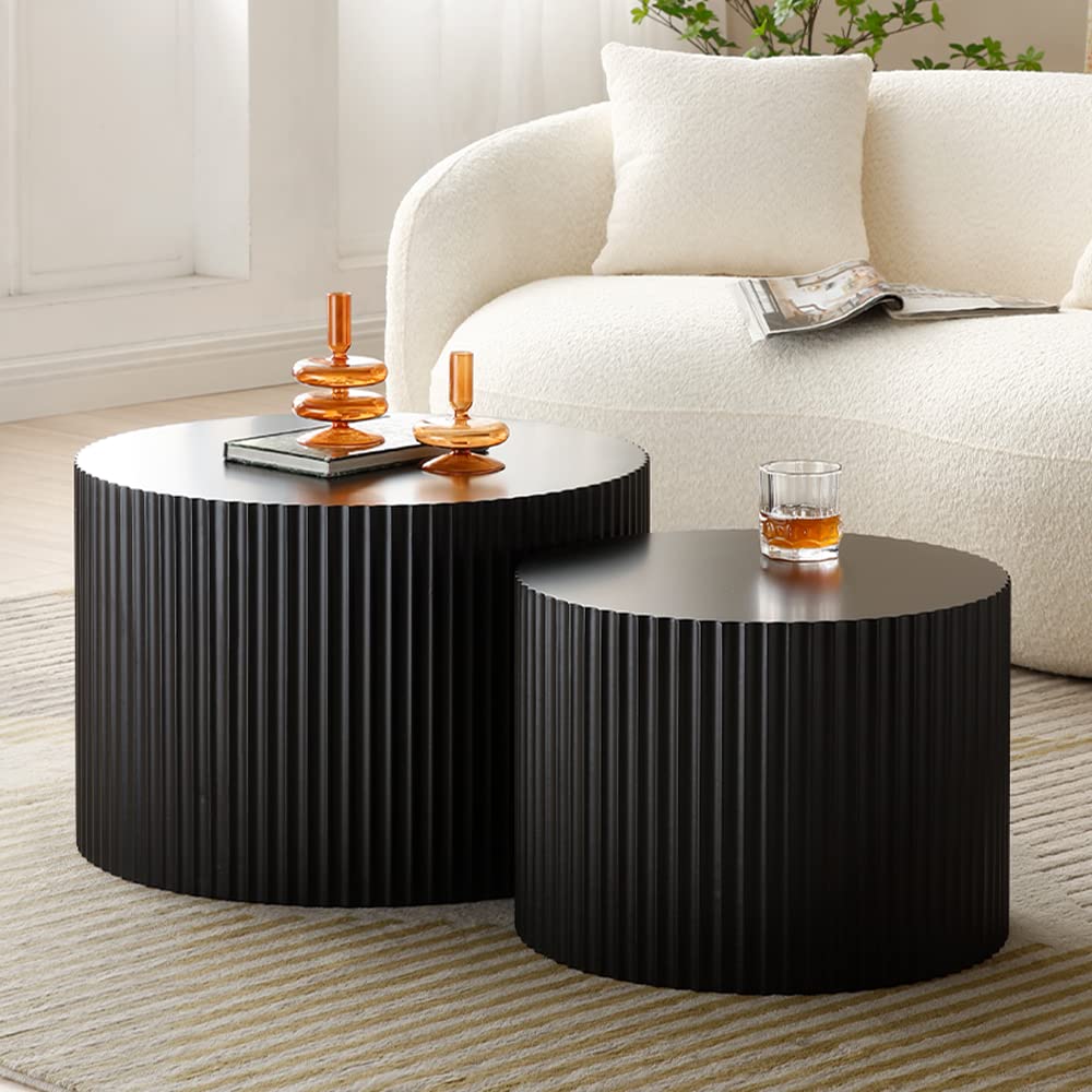 WILLIAMSPACE Black Round Coffee Table Set of 2 Nesting Coffee Tables for Living Room Modern Wooden Side Tables Accent End Table for Apartment No Need Assembly (Black-Round)