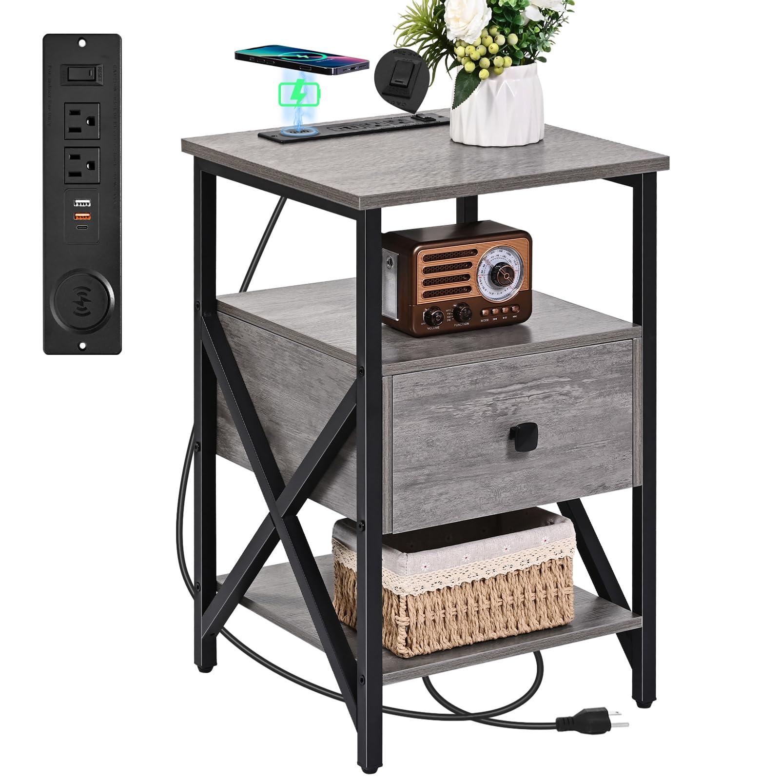 Livofloral Side Tables with Wireless Charging Station Grey End Tables Living Room with Charging Side Tables with Wood Drawer Night Stands with Storage for Bedroom Bedside Tables Living Room