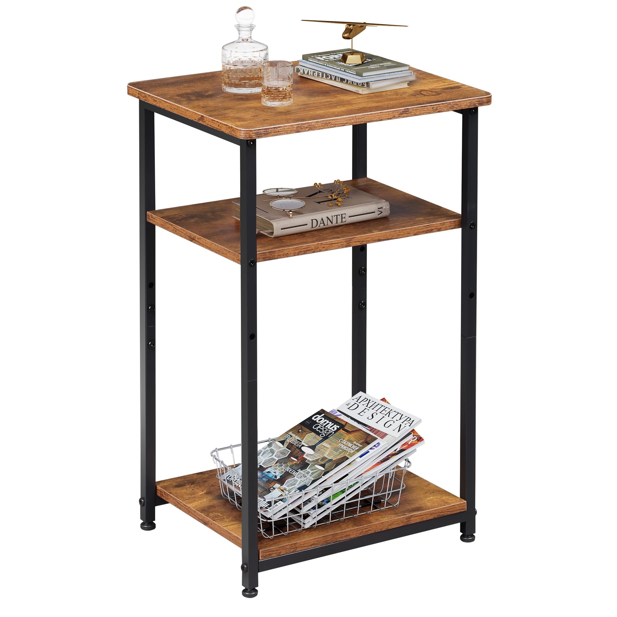 WLIVE End Tables Living Room 3-Tier Side Tables Bedroom Narrow Side Table for Couch Rustic Brown