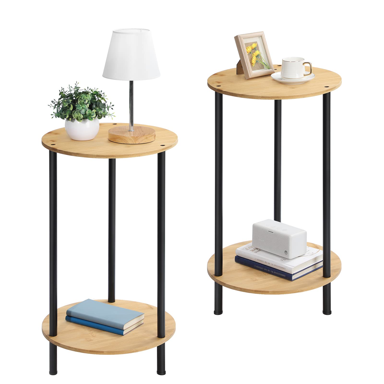 Small Round Table Set of 2 End Tables Living Room Side Tables for Small Spaces 2 Tiers Rustic Accent Tables Night Stands for Bedrooms Coffee Tables With Storage Shelf